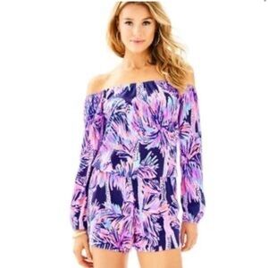 Lilly Pulitzer Women’s Lana Romper Bright Navy Palms Up Size M‎ Excellent Cond